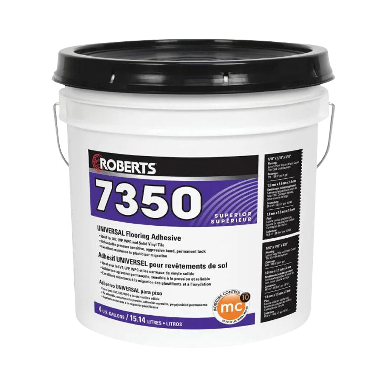 A white 4-gallon bucket of Go Build 7350 Universal Flooring Adhesive with a black lid, purple and black label, and trilingual product info; ideal for luxury vinyl tile.